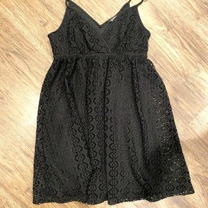 Express, spaghetti strap mini dress, empire waist, crochet lace overlay